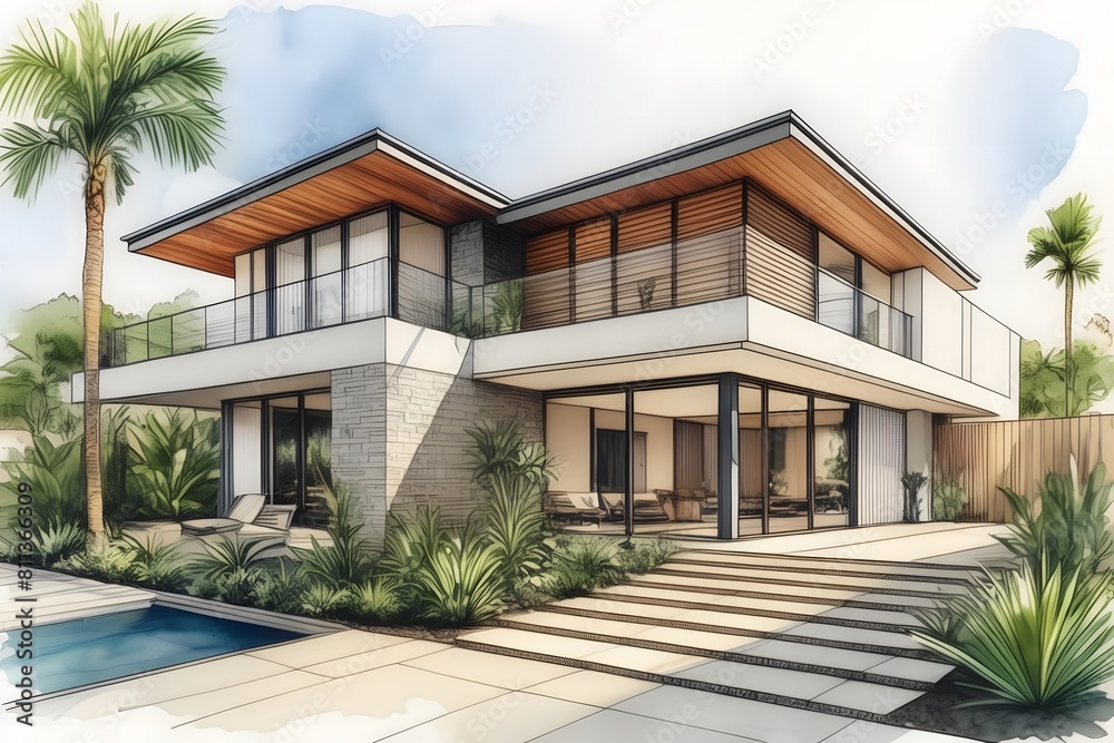 A chic Aussie home, harmonizing sleek design with tropical vibes. Featuring airy spaces, sustainable elements, lush surroundings, and seamless indoor-outdoor flow.