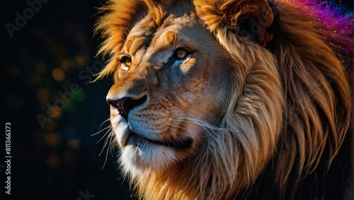Abstract lion profile  A majestic mane ablaze in a spectrum of colors against a dark backdrop.