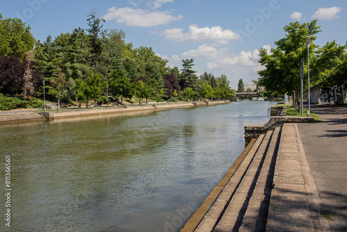Bank of the Bega river in Timisoara,Romania.Summer season.