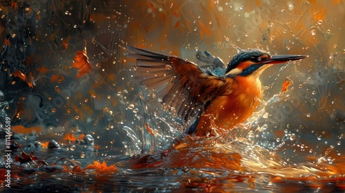  Serenity's Dive, Kingfisher Plunges into Crystal Waters, Splash Suspended, Serene River Landscape as Backdrop - Nature's Grace Captured in Time.  photo