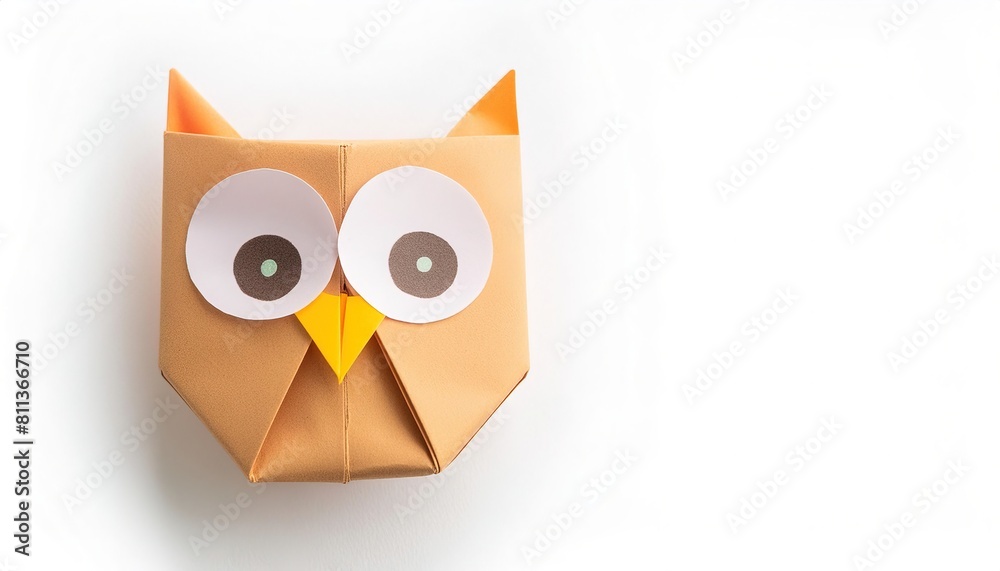 Animal concept origami isolated on white background of a cute and adorable owl with big eyes, with copy space side, simple starter craft for kids