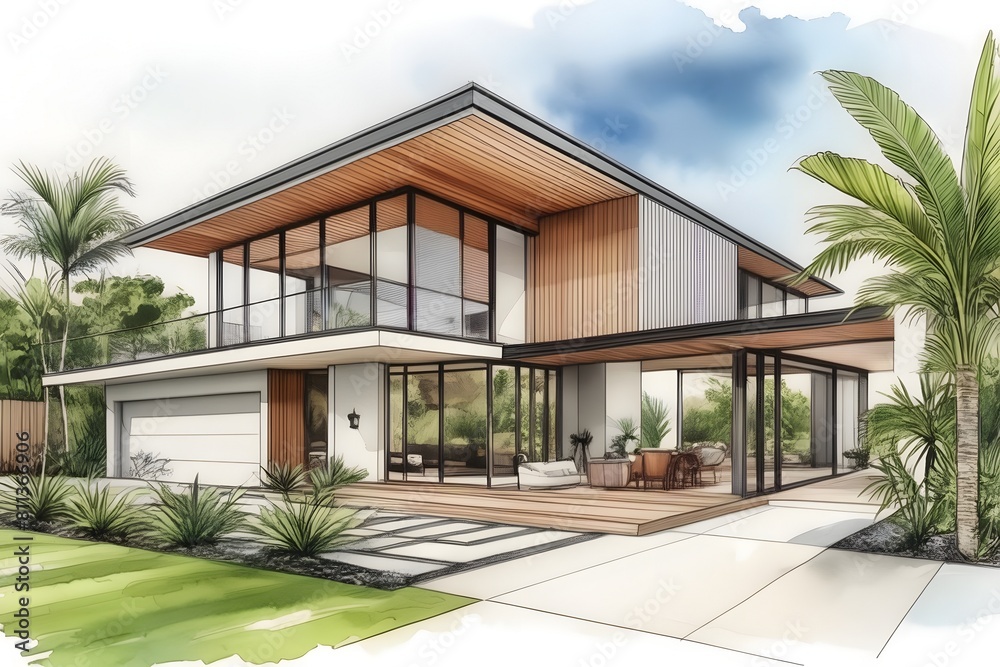 A chic Aussie home, harmonizing sleek design with tropical vibes. Featuring airy spaces, sustainable elements, lush surroundings, and seamless indoor-outdoor flow.