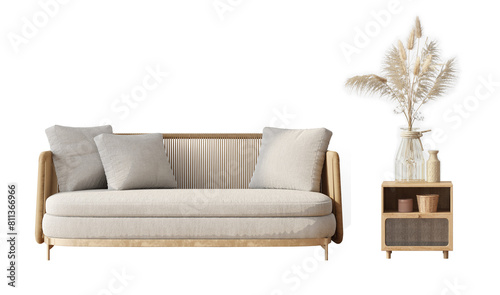 Rattan sofa with side table isolated PNG