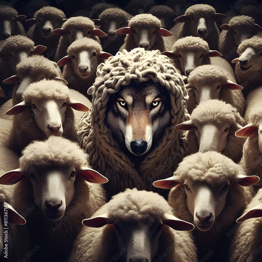A wolf in the middle of a group of sheep A wolf in the middle of a group of sheep
