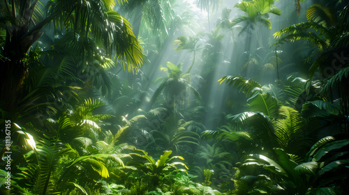 A dense jungle with lush greenery, sunlight filtering through the canopy, creating dappled light and shadow on the ground