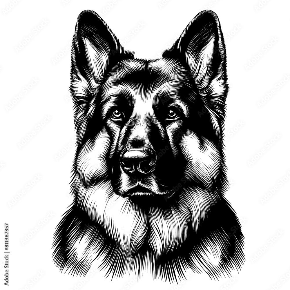 Cute German Shepherd portrait, hand drawn sketch. Vector isolated on white background	