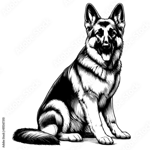 Cute German Shepherd in full-body, hand drawn sketch. Vector isolated on white background	