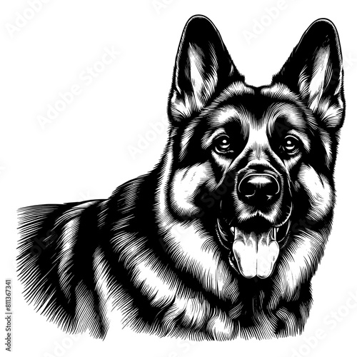 Cute German Shepherd portrait, hand drawn sketch. Vector isolated on white background	