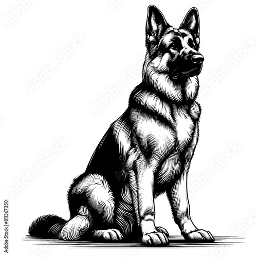 Cute German Shepherd in full-body, hand drawn sketch. Vector isolated on white background	 photo