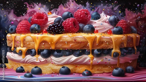 A cake with berries and cream is dripping on a table  AI