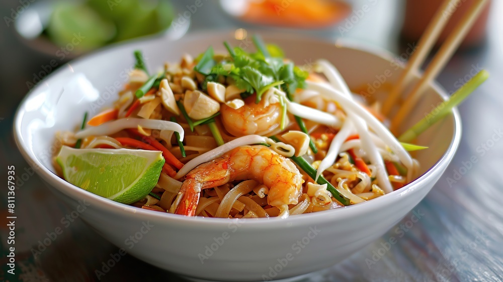 Pad Thai with prawns and rice noodles. Generative Ai Pad Thai with prawns and rice noodles. Generative Ai