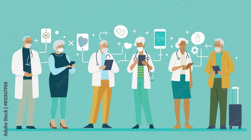 Illustration of A diverse group of elderly medical professionals and patients interacting with digital healthcare technology Illustration of A diverse group of elderly medical professionals and patients interacting with digital healthcare technology