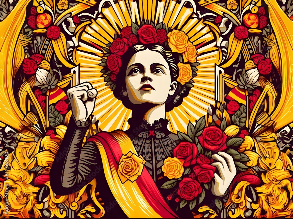 Modernist poster of revolutionary woman in yellow and red tones Modernist poster of revolutionary woman in yellow and red tones