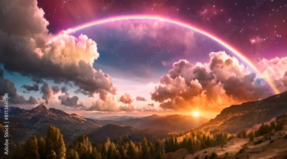 Colorful rainbow over mountains and river, beautiful nature, landscape, sky, clouds