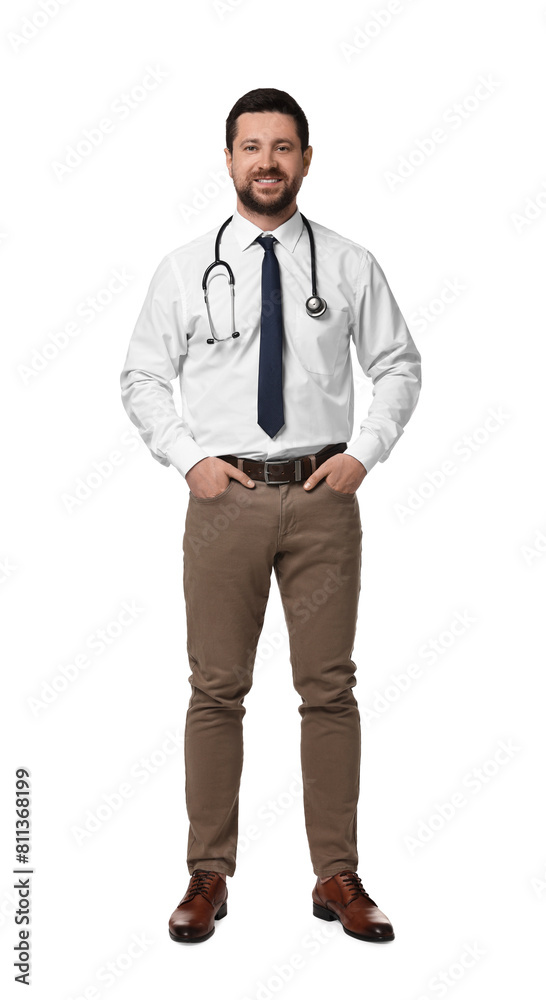 Portrait of happy doctor with stethoscope on white background Portrait of happy doctor with stethoscope on white background