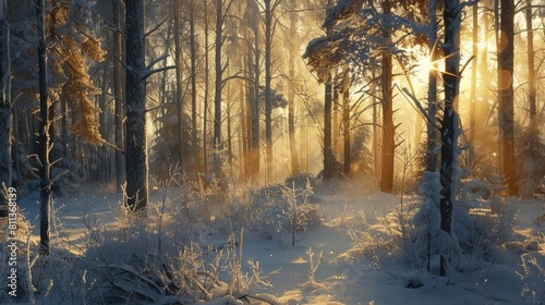 The wintery forest is bathed in the morning sun s warm rays illuminating the frozen trees