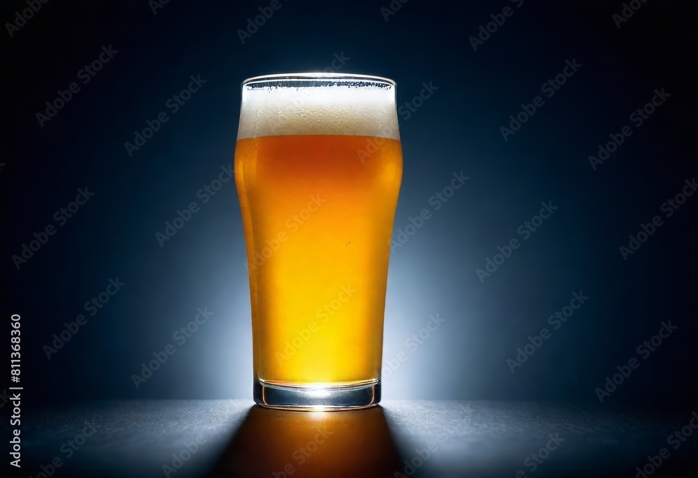 a glass of foamy golden wheat beer in the rays of light on a dark blue background with a place for text, Oktoberfest in Germany, beer day in Iceland, beer festival in Prague