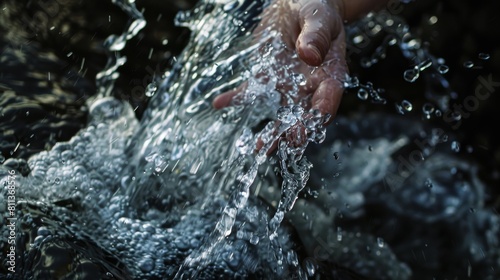 Hand splashing clear fresh water stream with dynamic droplets
