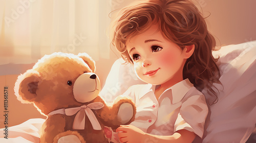 ai generative, illustration of a girl in a bed with a teddybear