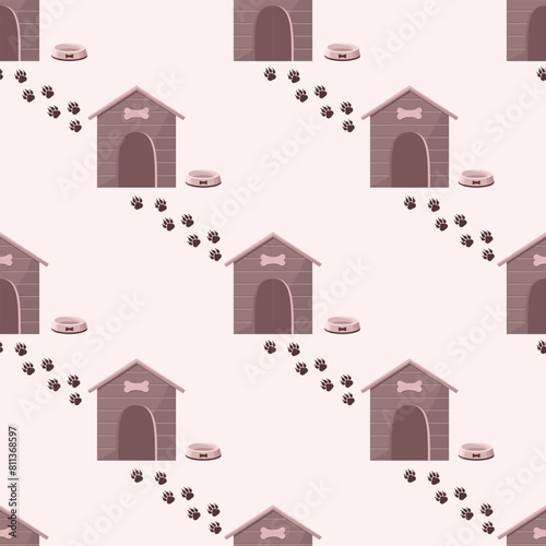 Seamless pattern with dog house, footprints and bowl