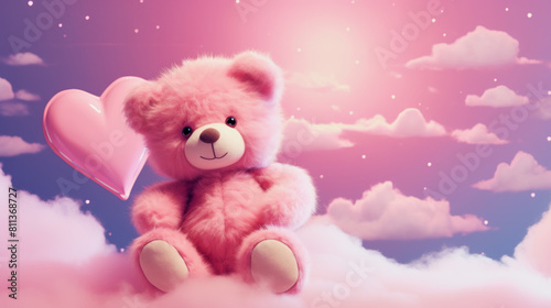 illustration of a cute cuddly pink teddybear in the sky with a small heart