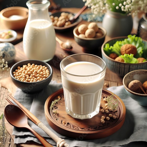 soy milk in a glass on a set table  vegetable vegetarian made from soybeans from East Asia