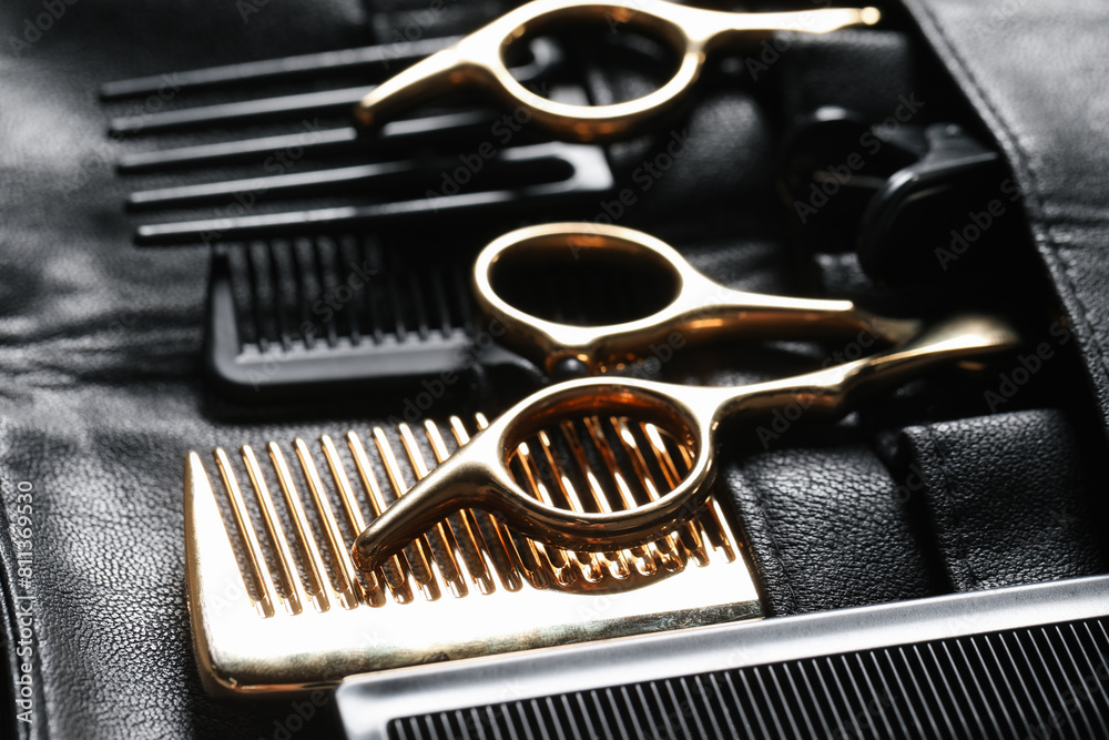 Hairdresser tools. Professional scissors and combs in leather organizer, closeup Hairdresser tools. Professional scissors and combs in leather organizer, closeup