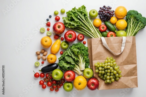 Healthy food background. Healthy food in paper bag fish  vegetables and fruits on white. Shopping food supermarket concept. Long format with copy space