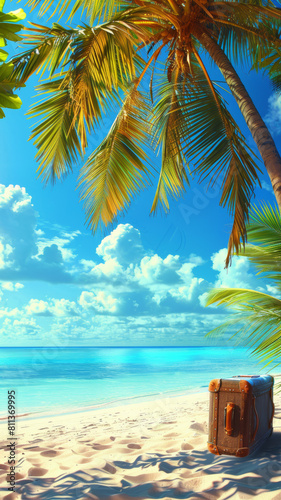 A suitcase is sitting on the beach next to a palm tree