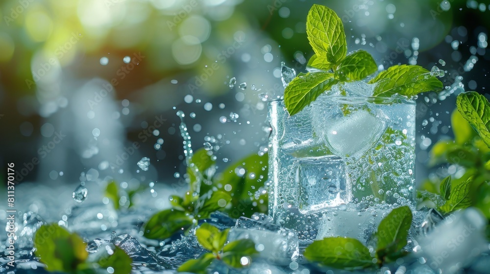 cool mintwater splash with ice cubes, an ideal summer drink concept with text space cool mintwater splash with ice cubes, an ideal summer drink concept with text space