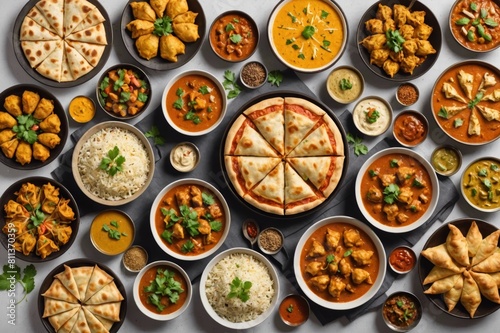 Desi, Indian traditional food set, top view. pizza, hummus, biryani, chicken curry, momos, tikka, korma, samosas. Food collection set isolated on white background. Ramadan iftar food collection set.