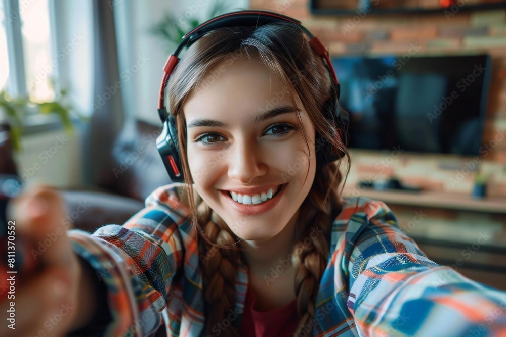 Joyful Gamer Girl Snapping Selfie While Playing Video Games