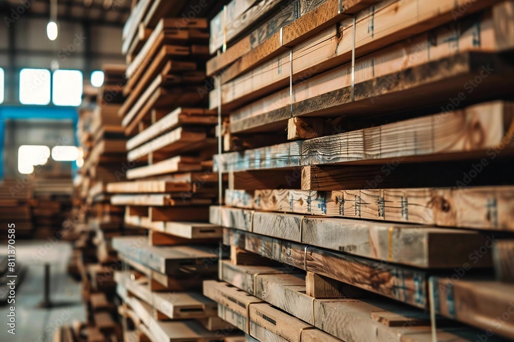 Wooden Boards Stacked and Ready for Shipment in Warehouse