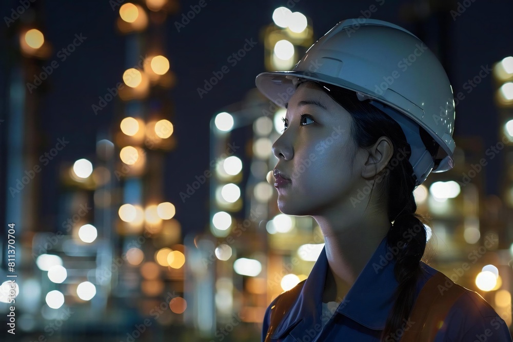 Night Shift Excellence: Asian Female Engineer Ensuring Quality Control at Oil Refinery Plant Night Shift Excellence: Asian Female Engineer Ensuring Quality Control at Oil Refinery Plant