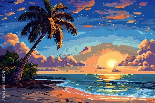 Beautiful seascape scene with palms and sunset vector illustration design  Ai Generated