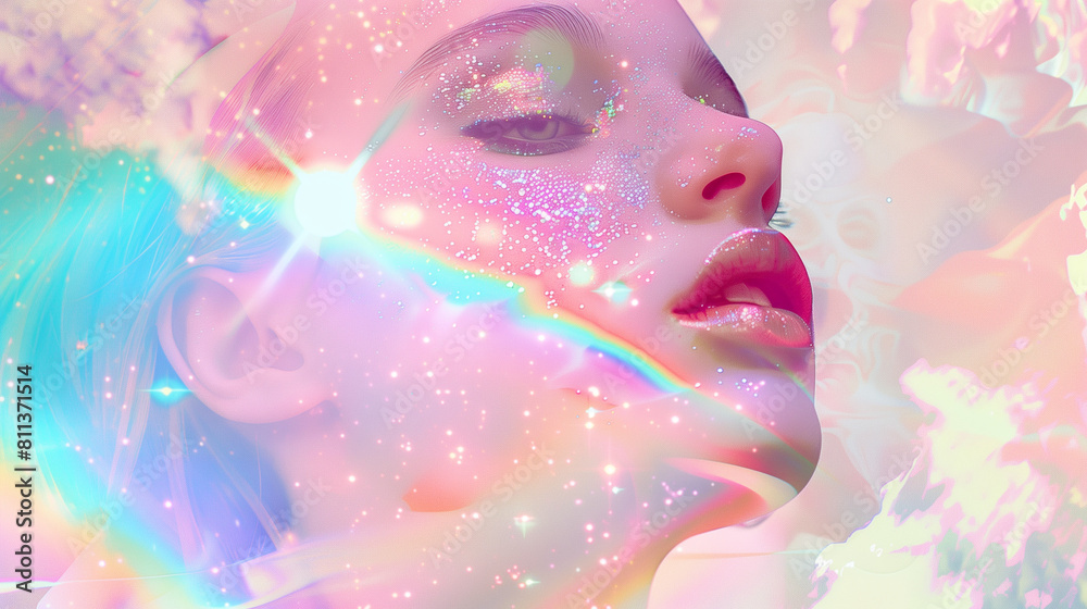 Woman portrait in fantasy space with mystical light and rainbow Woman portrait in fantasy space with mystical light and rainbow