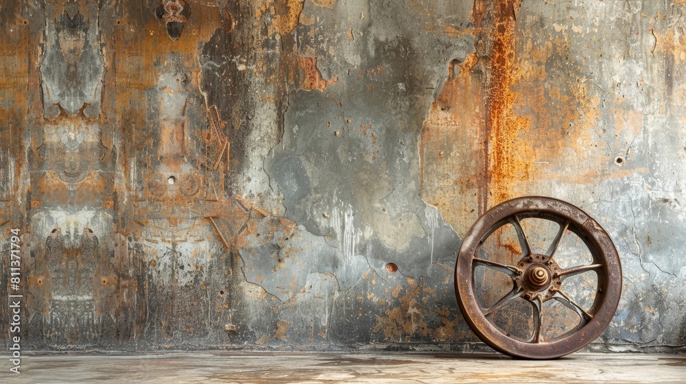 Industrial Patina: An Antique Flywheel Contrasts with a Modern Backdrop