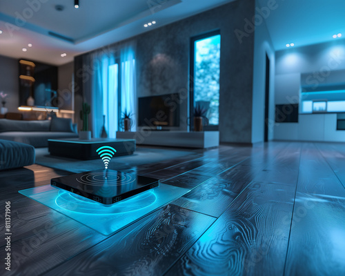 Robot vacuum cleaner in the interior of living room