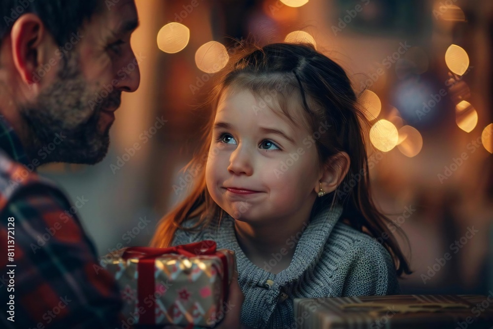 Daddy's Day Delight: Little Girl Surprising Father with Gift Daddy's Day Delight: Little Girl Surprising Father with Gift