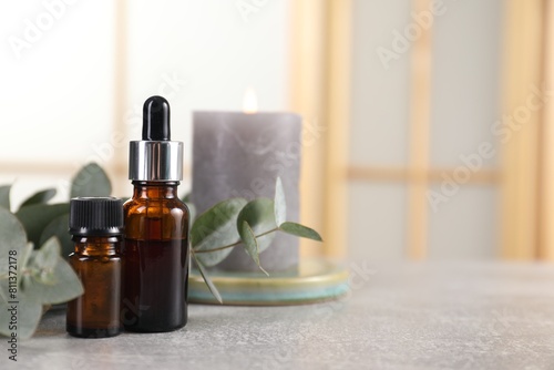 Aromatherapy. Bottles of essential oil and eucalyptus leaves on grey table  space for text