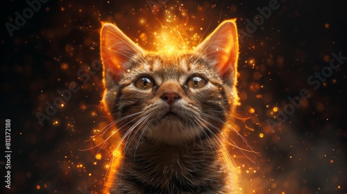 A close up of a cat with glowing eyes and fire around it, AI