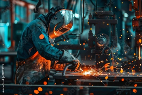 Skilled Industrial Worker in Protective Gear Operating Welding Machine