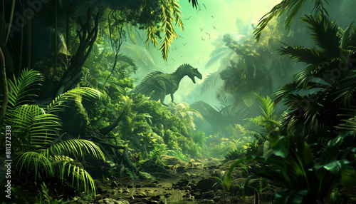 Anthropomorphic Artistic Image of Jungle Raptor in the Distance depicts a humanoid version of a jungle raptor in a distant setting.