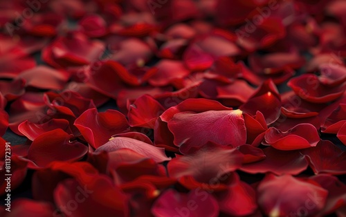 A pile of vibrant red rose petals scattered around a full bloom.