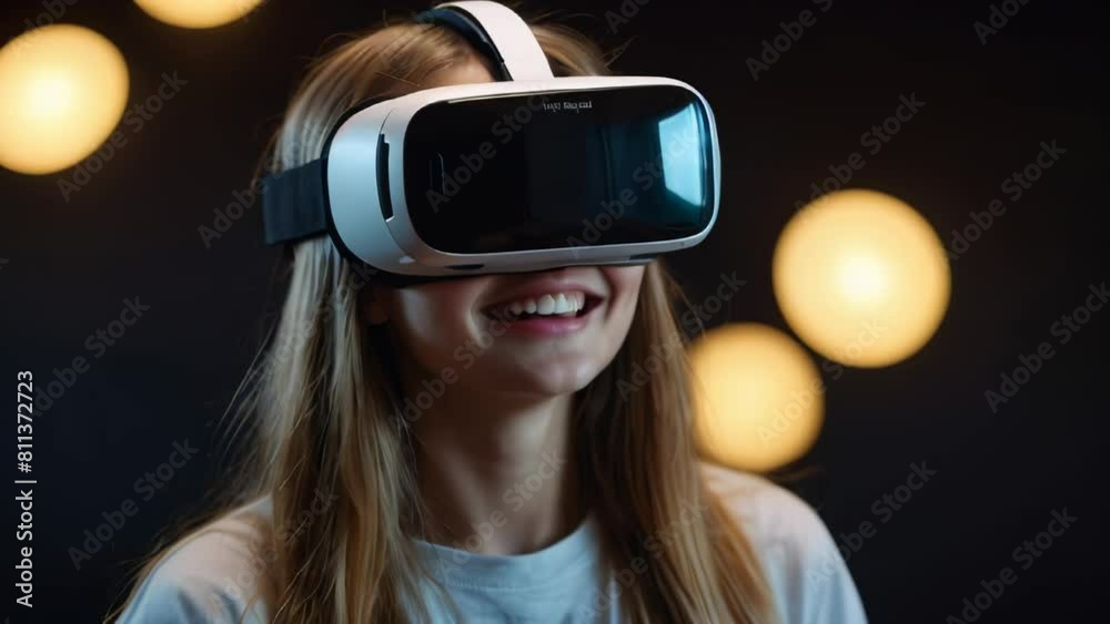 happy smiling young beautiful girl getting experience using VR-headset glasses of virtual reality happy smiling young beautiful girl getting experience using VR-headset glasses of virtual reality
