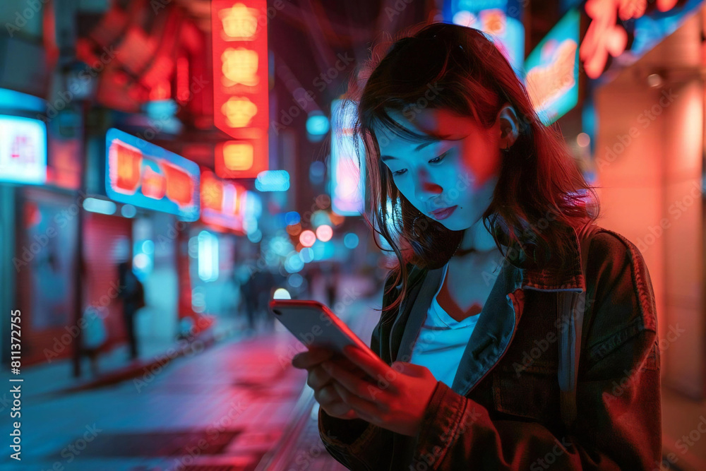 Night City Glow: Woman Engrossed in Smartphone Screen on Neon-lit Urban Street
