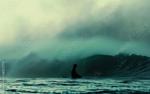 A surfer kneels on a board in misty, teal ocean waves.