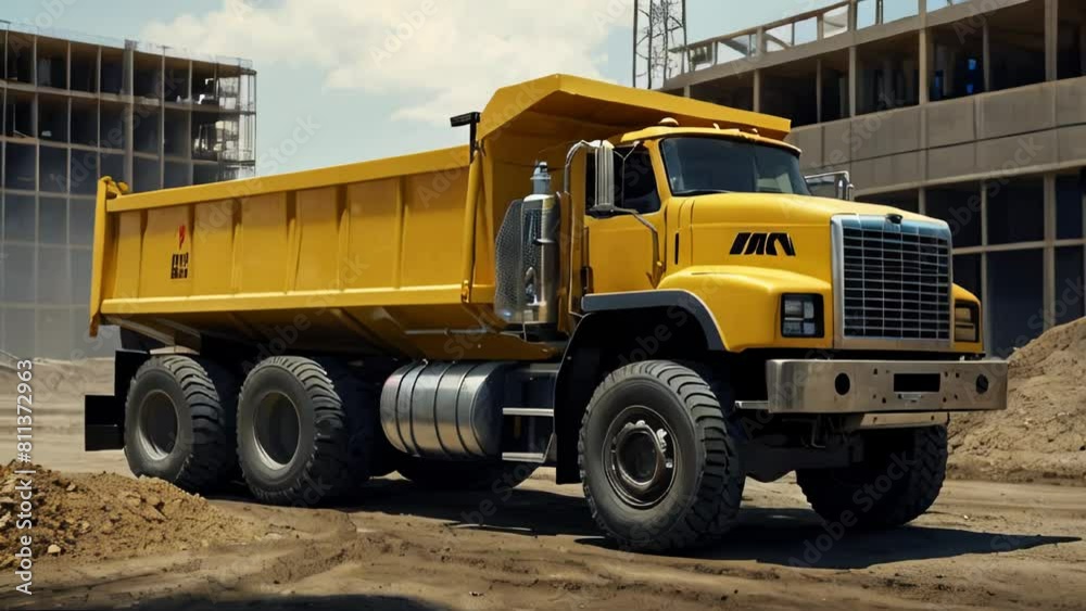Dump truck at a construction site against blue sky with clouds Dump truck at a construction site against blue sky with clouds