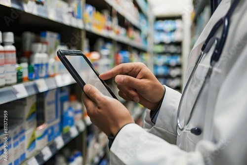 Modern Pharmacist Using Tablet for Drug Recommendations