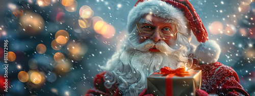 Santa Claus with gift in hand with Christmas tree in the background and falling snow. beautiful Christmas themed background